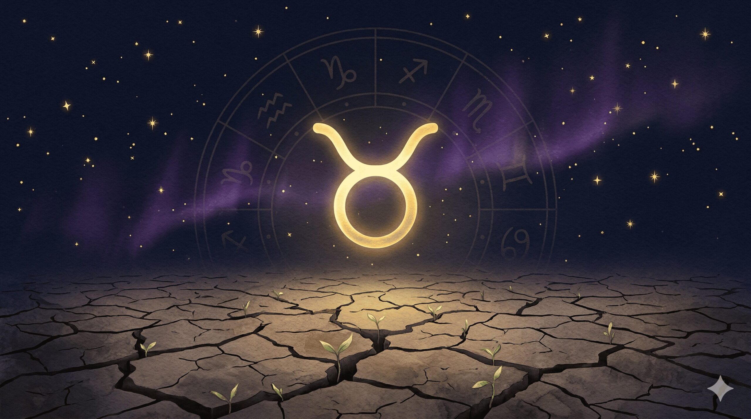 深紺の夜空に金色の牡牛座シンボルが浮かび、足元の大地がひび割れて新芽が伸びる神秘的なイラスト