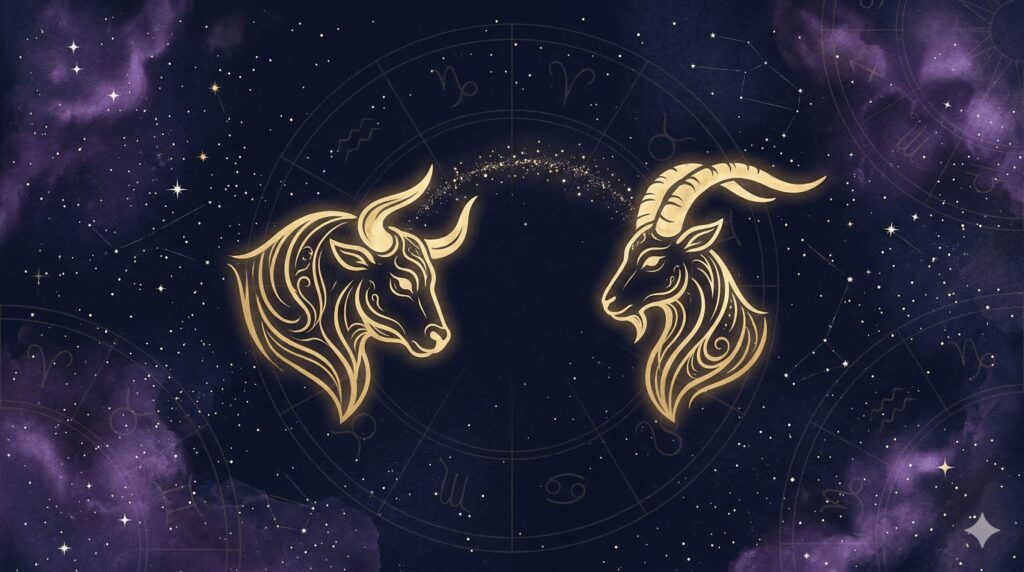 牡牛座と山羊座の相性を象徴する神秘的なイラスト。深紺の星空を背景に、牡牛座と山羊座のシンボルが金色の光で静かに輝いている。