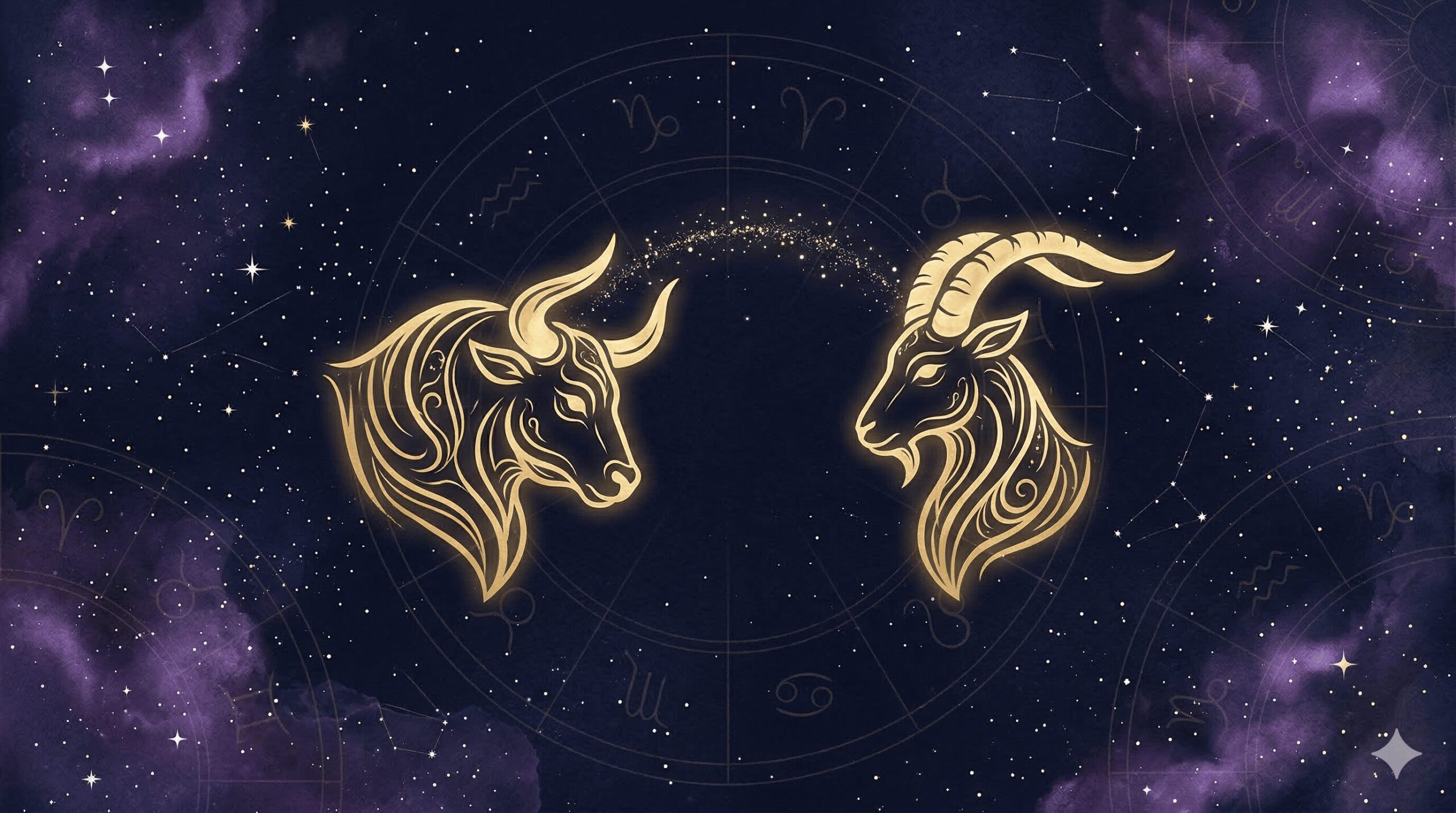 牡牛座と山羊座の相性を象徴する神秘的なイラスト。深紺の星空を背景に、牡牛座と山羊座のシンボルが金色の光で静かに輝いている。