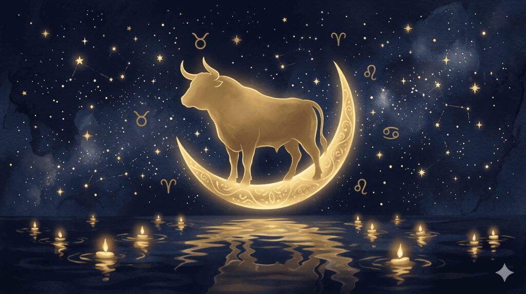 牡牛座のシンボルと金色の牡牛のシルエットが深紺の星空に浮かぶ神秘的なイラスト