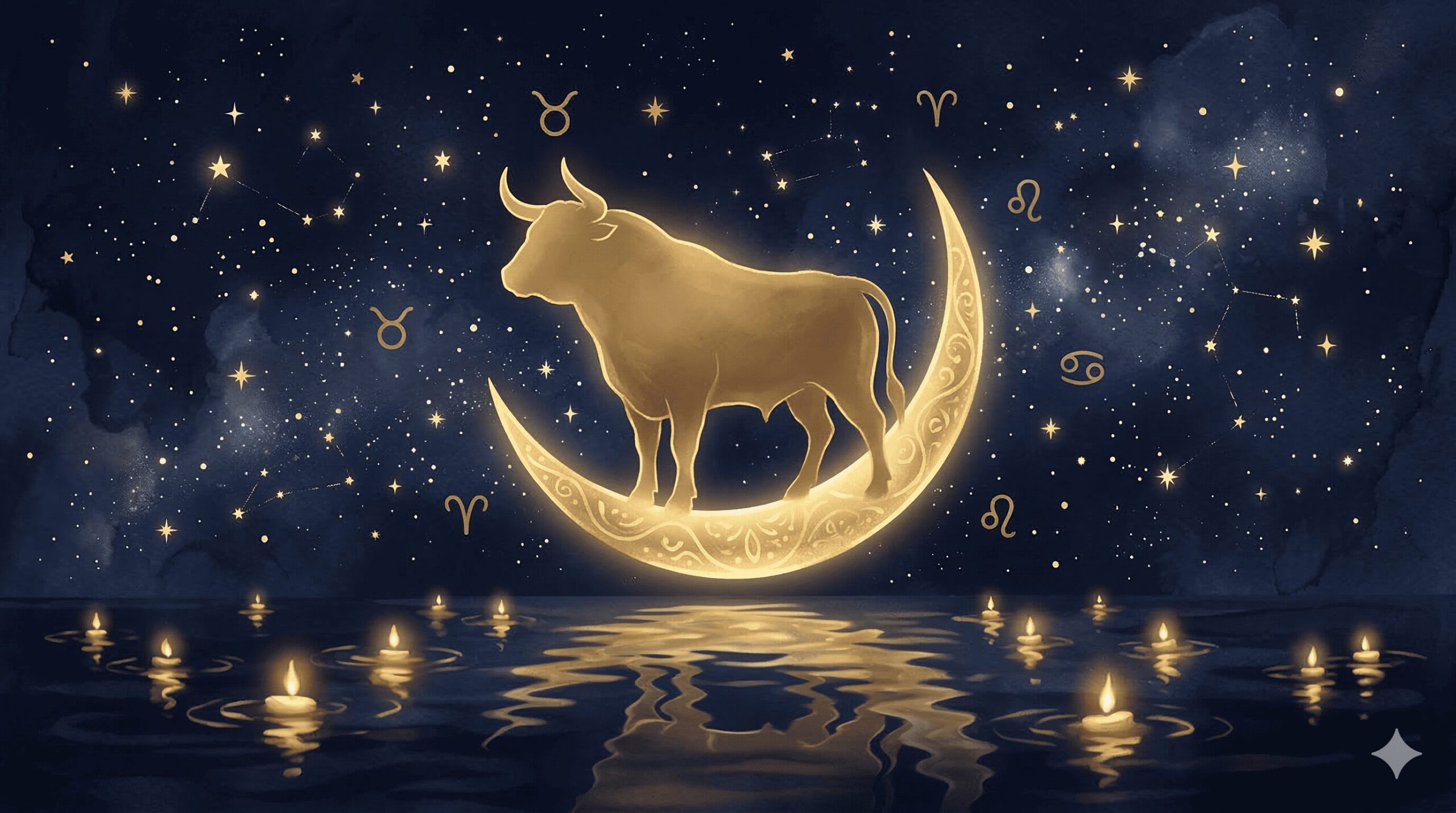 牡牛座のシンボルと金色の牡牛のシルエットが深紺の星空に浮かぶ神秘的なイラスト