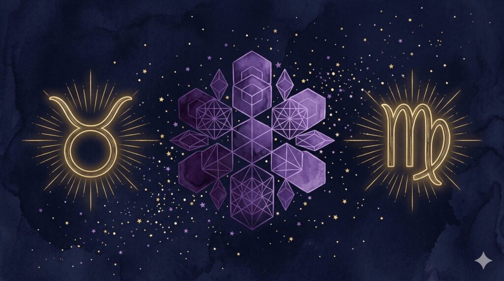 牡牛座と乙女座の星座シンボルが静かに向き合う神秘的なイラスト