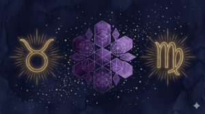 牡牛座と乙女座の星座シンボルが静かに向き合う神秘的なイラスト