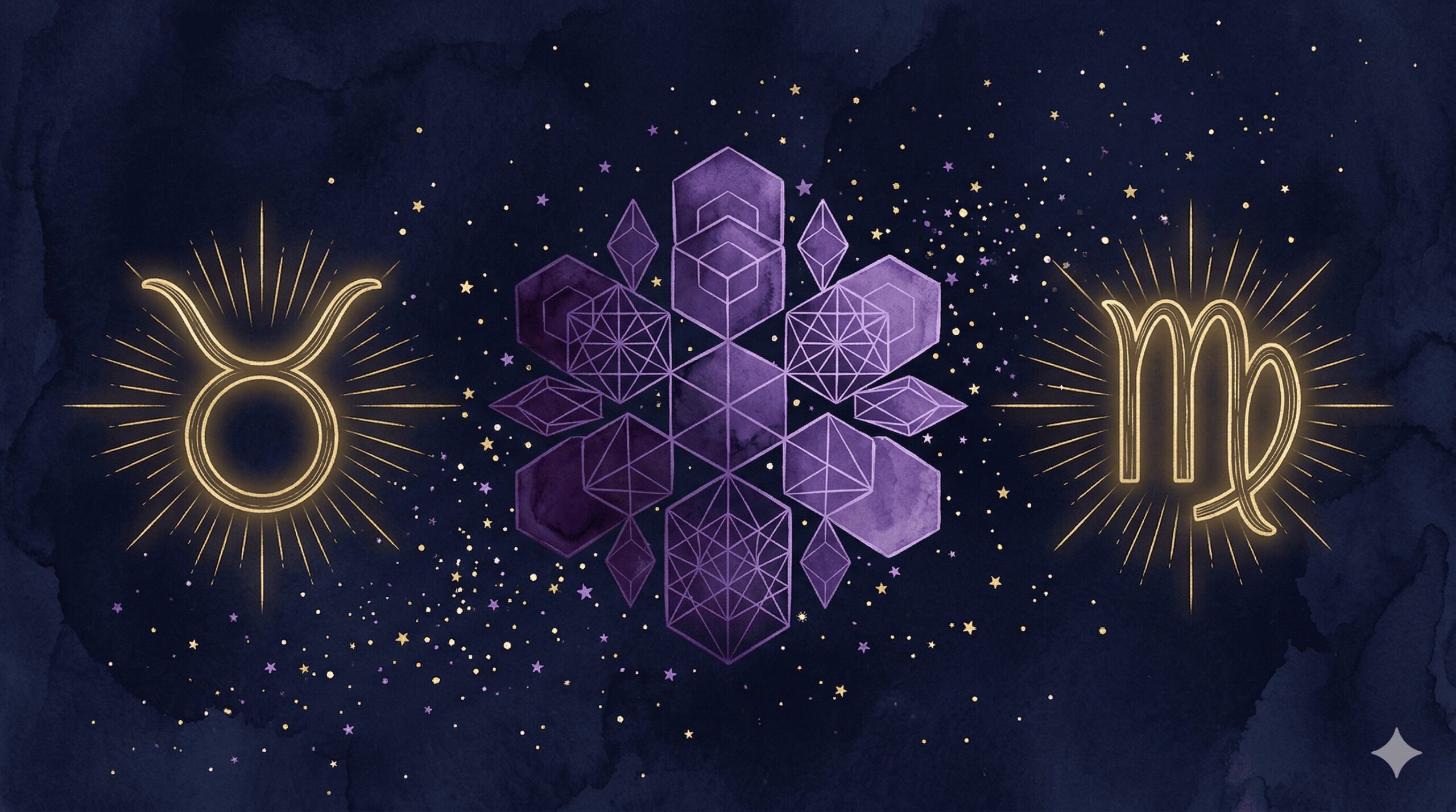 牡牛座と乙女座の星座シンボルが静かに向き合う神秘的なイラスト