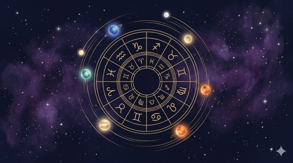 深紺の夜空にホロスコープの外周を天体が移動する様子を描いた神秘的なイラスト