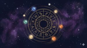 深紺の夜空にホロスコープの外周を天体が移動する様子を描いた神秘的なイラスト