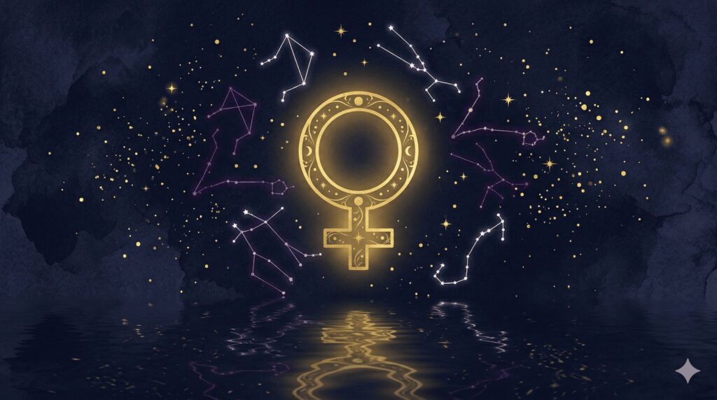 金星と星座のシンボルが描かれた神秘的なイラスト