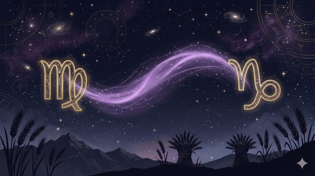 深紺の夜空に乙女座のシンボル（♍）と山羊座のシンボル（♑）が金色に光り、紫の光の橋で結ばれた神秘的なイラスト