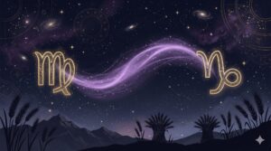 深紺の夜空に乙女座のシンボル（♍）と山羊座のシンボル（♑）が金色に光り、紫の光の橋で結ばれた神秘的なイラスト