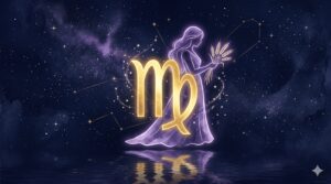 乙女座のシンボルと麦の穂を持つ女性のシルエットが深紺の星空に金色に浮かぶイラスト