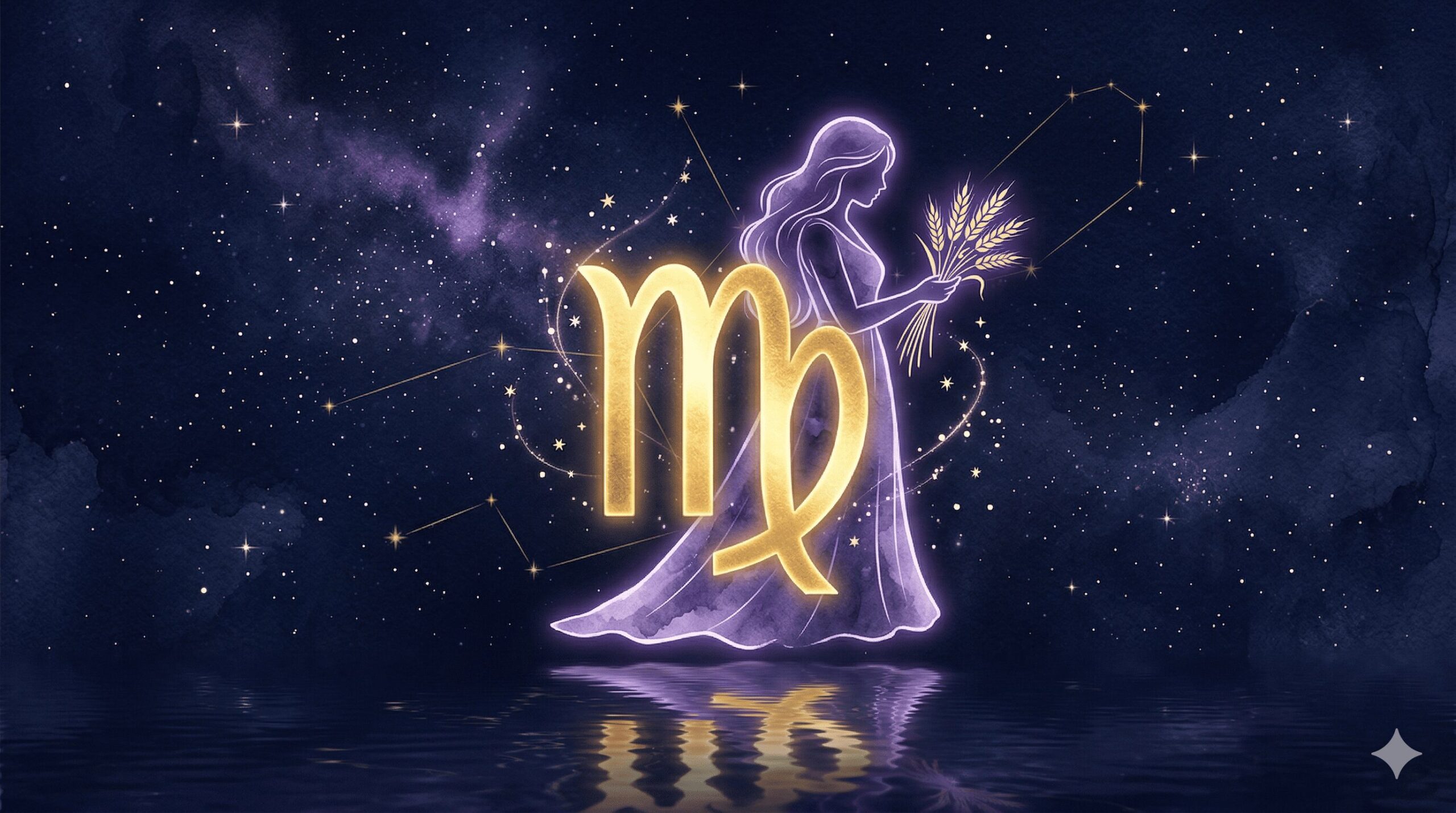 乙女座のシンボルと麦の穂を持つ女性のシルエットが深紺の星空に金色に浮かぶイラスト