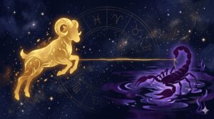 牡羊座の牡羊シルエットと蠍座の蠍シルエットが金の糸で結ばれた神秘的なイラスト