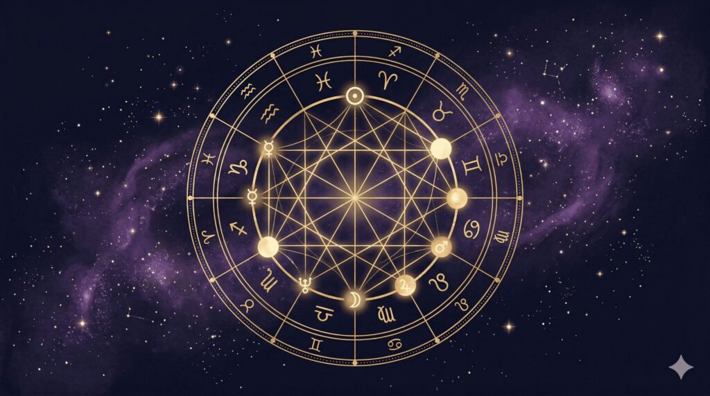 星座のホロスコープ上で天体同士が角度で結ばれている神秘的なイメージ図