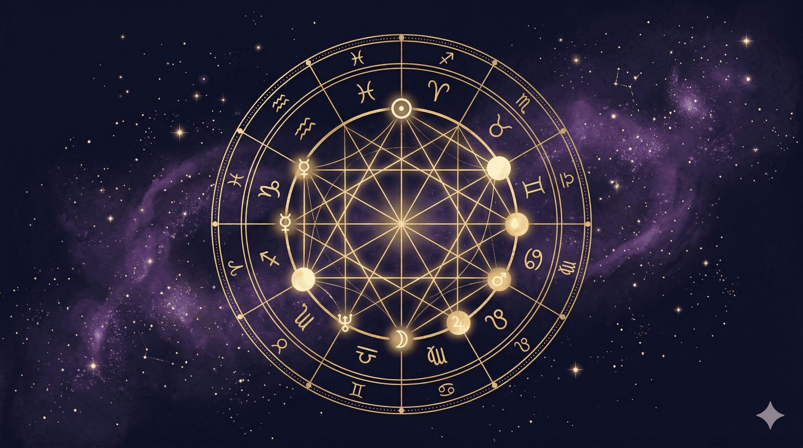 星座のホロスコープ上で天体同士が角度で結ばれている神秘的なイメージ図