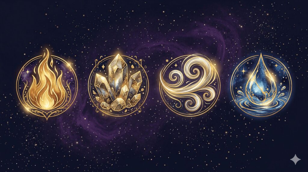 西洋占星術のエレメント（火・地・風・水）を象徴する4つのシンボルが並ぶ神秘的なイラスト 挿入位置： 記事冒頭（アイキャッチ） 役割： 4元素の存在を直感的に伝え、記事テーマを一目で理解させる