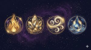 西洋占星術のエレメント（火・地・風・水）を象徴する4つのシンボルが並ぶ神秘的なイラスト 挿入位置： 記事冒頭（アイキャッチ） 役割： 4元素の存在を直感的に伝え、記事テーマを一目で理解させる