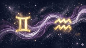 深紺の星空に双子座と水瓶座のシンボルが金色の光で浮かぶ神秘的なイラスト