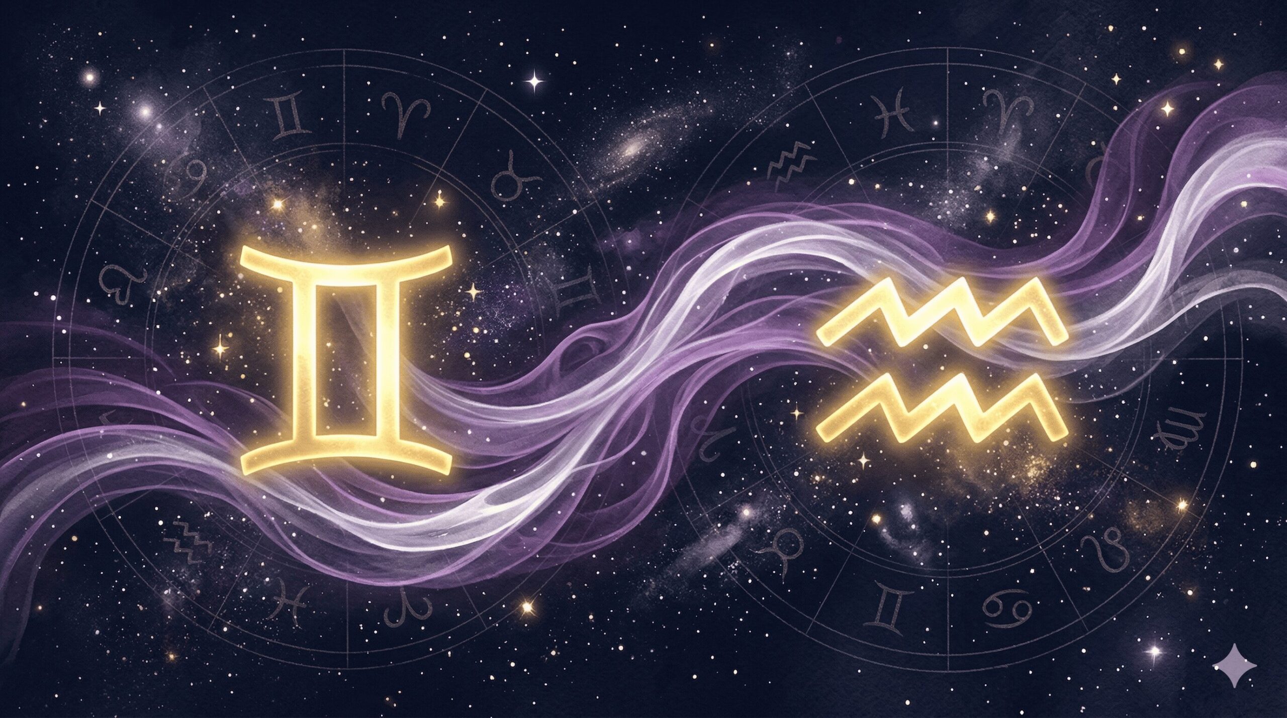 深紺の星空に双子座と水瓶座のシンボルが金色の光で浮かぶ神秘的なイラスト