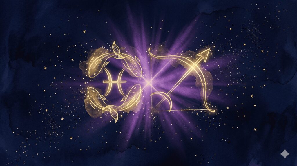 魚座と射手座のシンボルが金色の光で交差する神秘的なイラスト