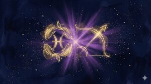 魚座と射手座のシンボルが金色の光で交差する神秘的なイラスト