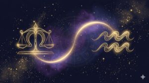 天秤座と水瓶座のシンボルが金色の光で結ばれている神秘的なイラスト