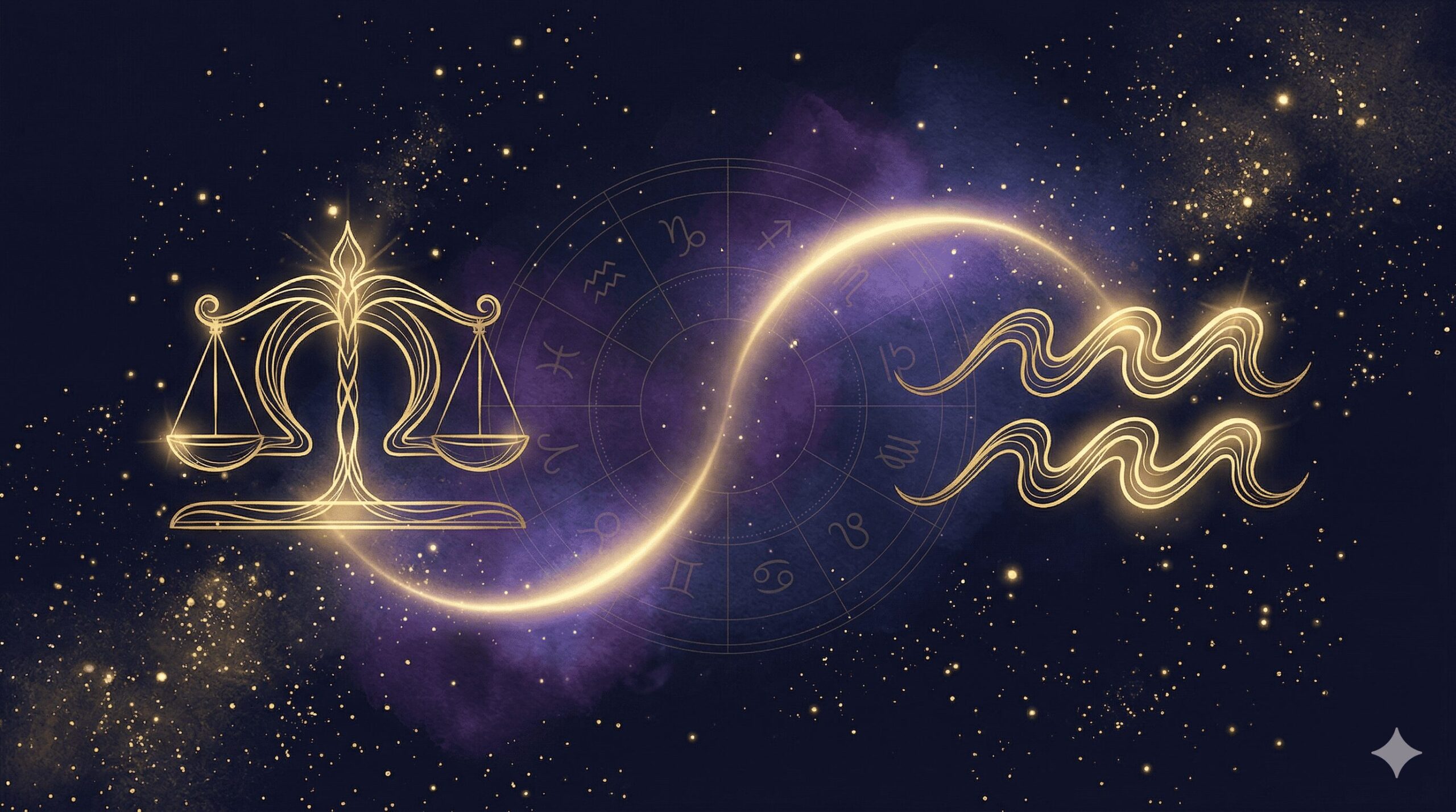 天秤座と水瓶座のシンボルが金色の光で結ばれている神秘的なイラスト
