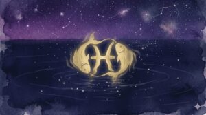深紺の水面に金色の魚座シンボル（2匹の魚）が浮かび上がる神秘的なイラスト