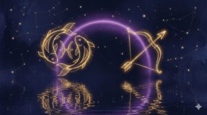 魚座と射手座の星座シンボルが向かい合う神秘的なイメージ