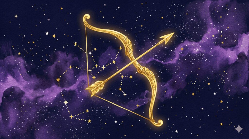 深紺の夜空に射手座のシンボル（弓矢）が金色に輝く神秘的なイラスト