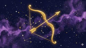 深紺の夜空に射手座のシンボル（弓矢）が金色に輝く神秘的なイラスト