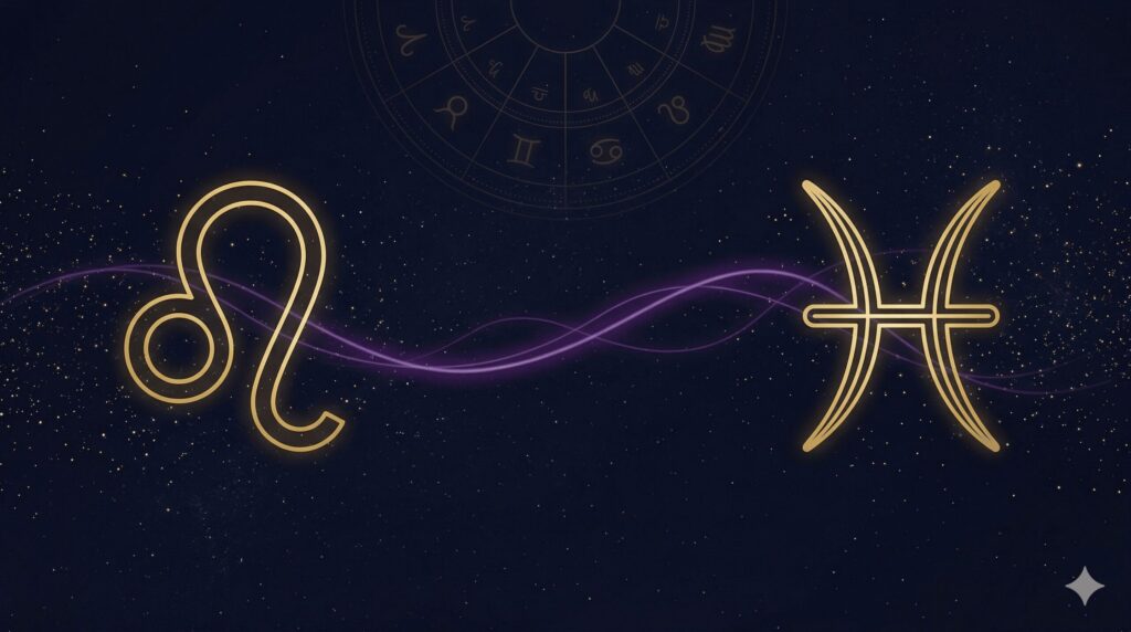 獅子座と魚座のシンボルが金色の光で結ばれた天庵式相性指数のイメージ画像