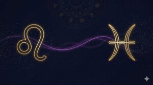 獅子座と魚座のシンボルが金色の光で結ばれた天庵式相性指数のイメージ画像