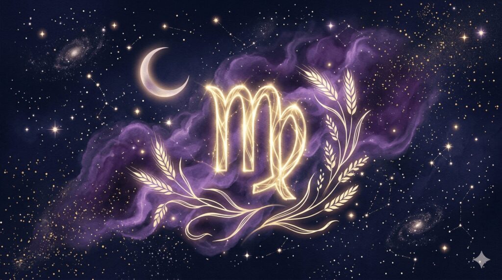 深紺の星空に乙女座のシンボルと金色の光が浮かぶ神秘的なイラスト