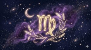 深紺の星空に乙女座のシンボルと金色の光が浮かぶ神秘的なイラスト