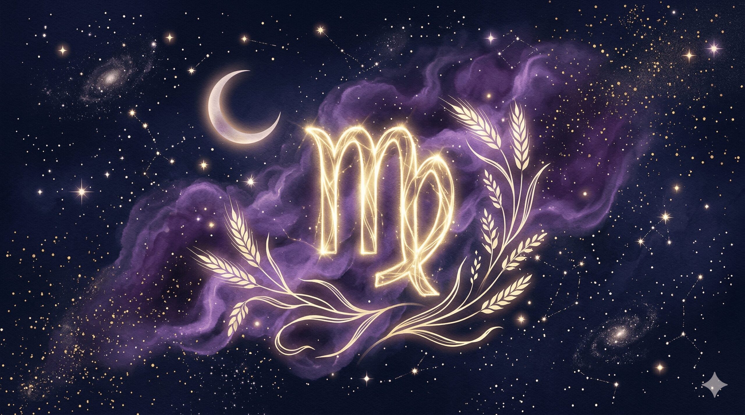 深紺の星空に乙女座のシンボルと金色の光が浮かぶ神秘的なイラスト