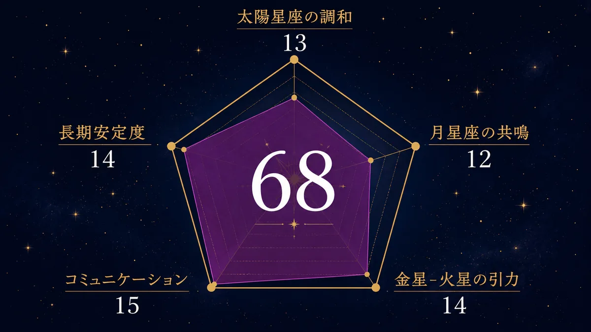 太陽13月12金星火星14会話15長期14の5軸を示す天庵式相性指数68点のレーダーチャート
