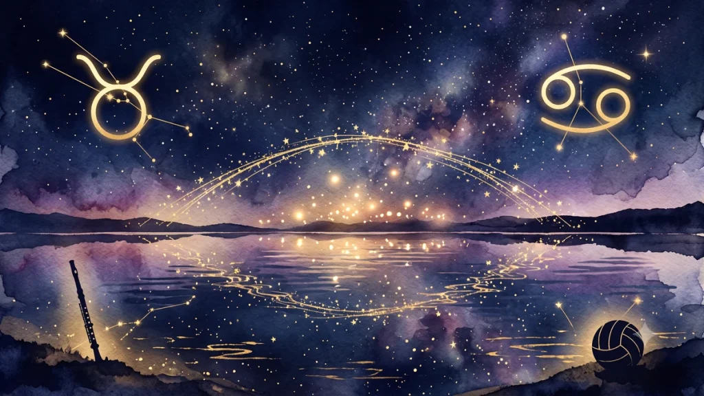 牡牛座と蟹座の星座シンボルが金色の光でつながる夜空のイラスト