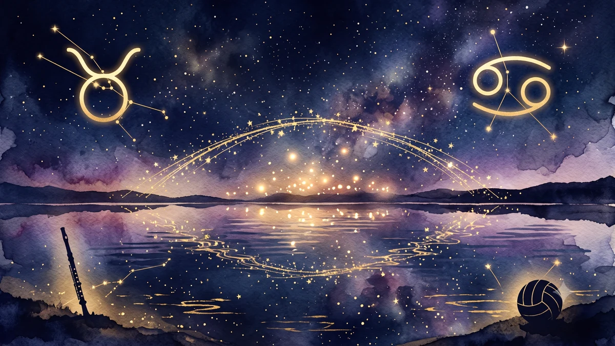 牡牛座と蟹座の星座シンボルが金色の光でつながる夜空のイラスト