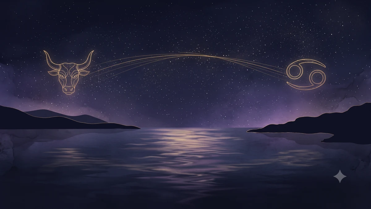 夜の海を挟んで牡牛座と蟹座の星座シンボルが星の軌道でつながるイラスト